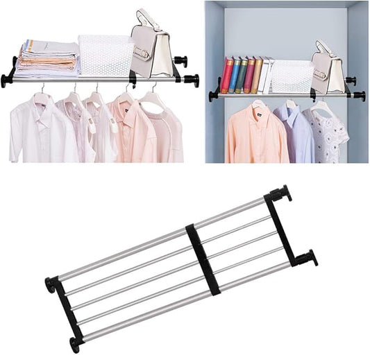 BAOYOUNI Adjustable Shelving Expandable Closet Shelves Tension Rod Clothes Hanger Storage Rack DIY Cabinet Wardrobe Kitchen Bathroom Divider Separator Organizer, Black, 2 Pack