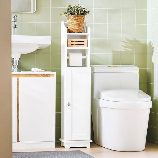Haotian Corner Toilet Paper Holder Stand, Slim Bathroom Toilet Paper Storage Cabinet Organizer for Small Space, White FRG177-W