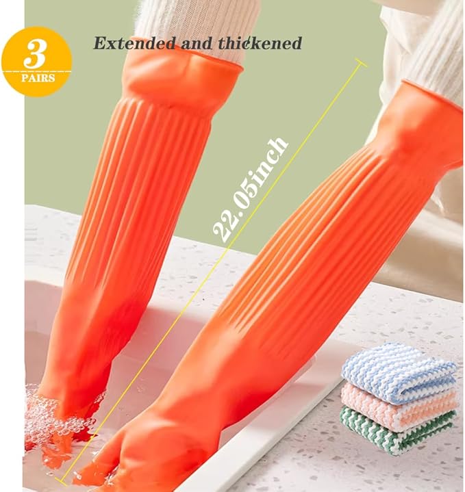 3 Pairs Household Extra Long Kitchen Gloves for Washing Dishes，20.05inches Rubber Cleaning Gloves，Reusable Latex Living Wash Gloves，Long Sleeves(Large, Red)