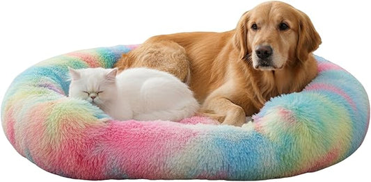 Fluffy Dog Bed Calming Donut Beds for Large Dogs Warming Round Small Medium Pet Nest Cozy Cat Mattress Indoor Washable Puppy Kennel Kittens Sleep Mat (XL, 43.3×43.3 inch, Rainbow)