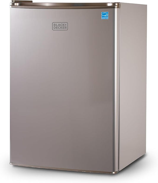 BLACK+DECKER 2.5 Cu. Ft. Compact Refrigerator, ENERGY STAR Certified, Single Door Mini Fridge with Chiller Compartment, Personal Fridge for Home or Dorm Room, R600a Refrigerant, BCRK25V,Stainless Look