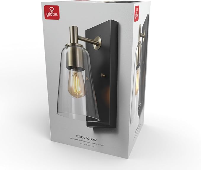 GLOBE Electric 65000045 1-Light Wall Sconce, Matte Black, Matte Brass Accents, Clear Glass Shade, Wall Lights for Living Room, Bedroom, Den, Apartment Essentials, Mounted Bedside Lamp