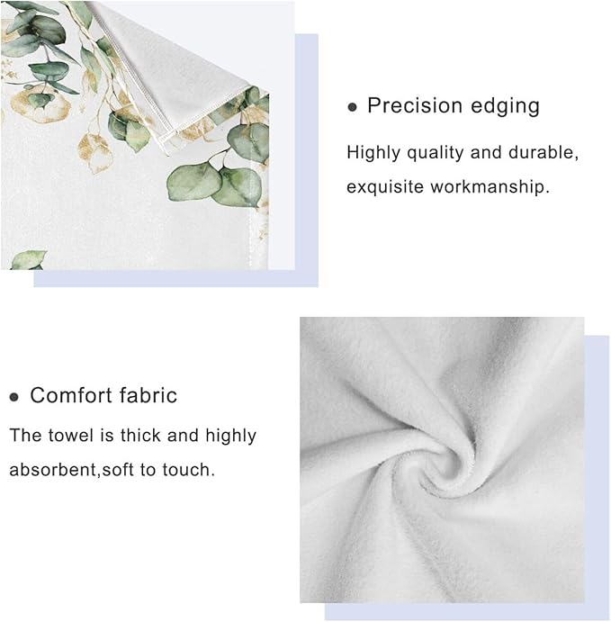 Green Gold Leave Bath Towels Set,3 Piece Eucalyptus Leaf Towel Set(1 Bath Towel 1 Hand Towel 1 Washcloth),Absorbent Microfiber Decorative Bathroom Towels for Shower,Fingertip,Hair,Face