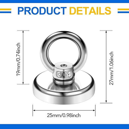 DIYMAG Magnetic Hooks, 60 Lbs(27 KG) Pulling Force Rare Earth Magnetics Hook with Countersunk Hole Eyebolt for Workplace, Home, Kitchen, Fishing, Office and Garage, Pack of 6, Silver, DIY-NJ25-6P
