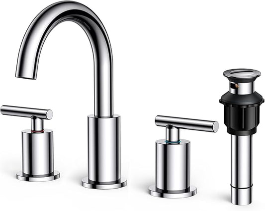 FORIOUS Chrome Bathroom Faucet 3 Hole, 8 Inch Widespread Bathroom Sink Faucet Polished Chrome 6 in with Metal Pop Up Drain and 24" Supply Line, 360 Degree Swivel Gooseneck for 3 Hole Vanity Sink RV