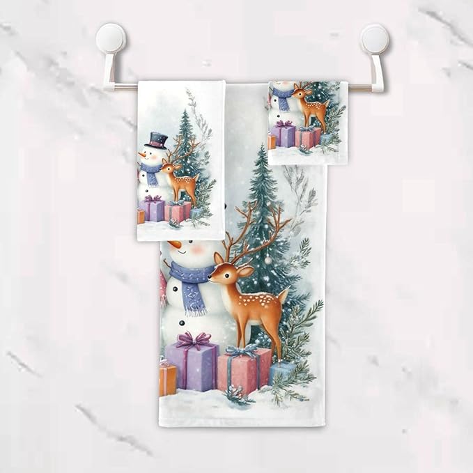 Christmas Winter Towels Set of 3 Blue Cyan Glitter Snowflakes Bathroom Towel Soft Absorbent Bath Hand Towels Washcloth Guest Towel Sets Xmas Holiday Decor
