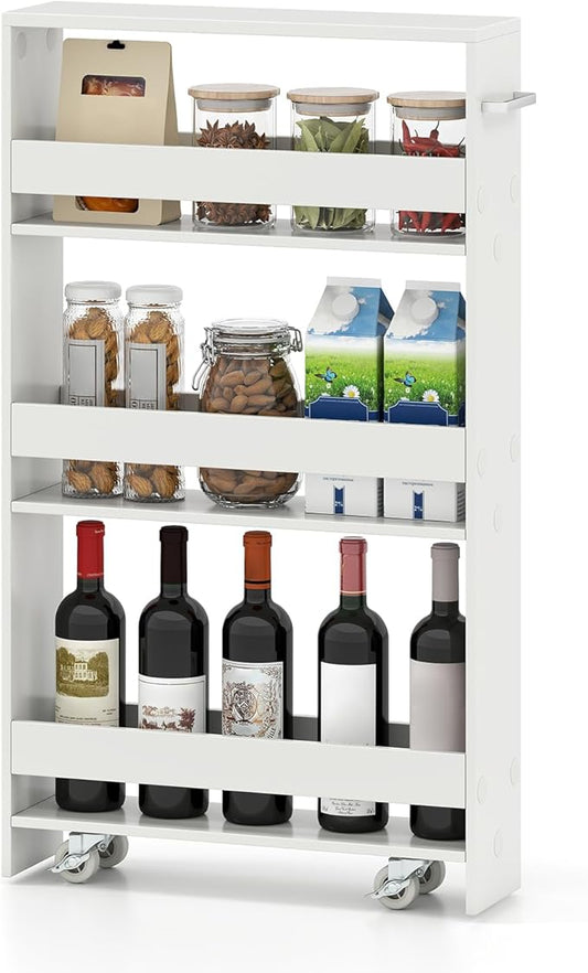 Small Kitchen Cart, 4-Tier Slim Rolling Island w/Handle, Laundry Room Storage Organizers Between Washer and Dryer, Narrow Spice Rack on Wheels Next to Fridge (White, 5'')