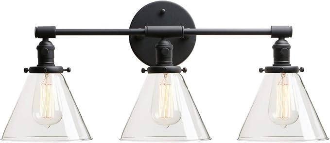 Permo Vintage Industrial Antique Three-Light Wall Sconces with Funnel Flared Clear Glass Shade (Black)