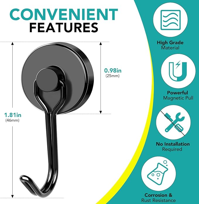 DIYMAG Black Magnetic Hooks, Strong Magnetics Heavy Duty, Magnet Hook with Metal Hanger for Hanging Refrigerator Home Kitchen Office, 4Pack