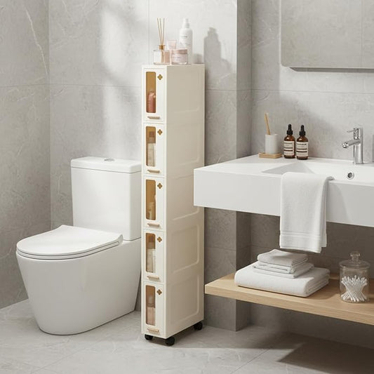 Weysat Narrow Bathroom Storage Cabinet with Wheels Slim Storage Organizer with Transparent Doors and Shelves for Small Space, Bathroom, Bedroom, Kitchen(5 Tiers)