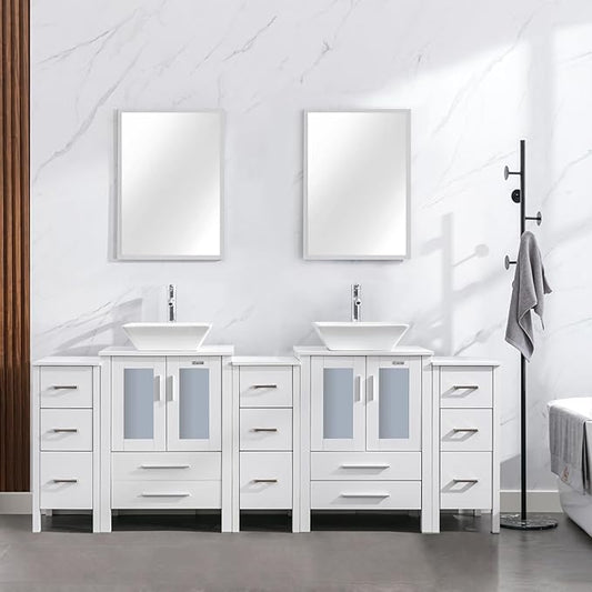 eclife 84" Modern Bathroom Vanity Sink Combo Freestanding Cabinet with Small Side Cabinet, White Square Ceramic Vessel Sink, Water Save Faucet, Drain (White+A07)