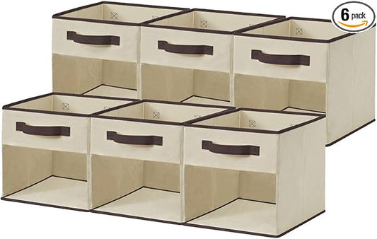 DECOMOMO Storage Bins, Cube Storage Bin with Window, Fabric Storage Cubes for Shelves (11" / 6pcs, Beige)