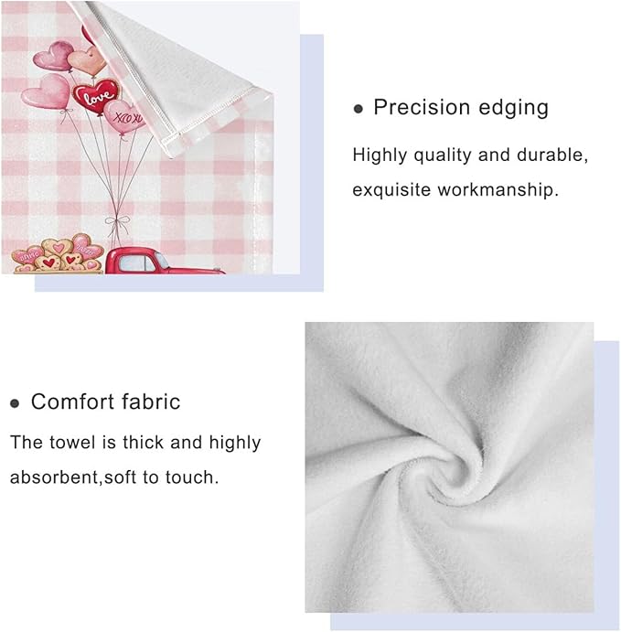 Pink Heart Truck Plaid Towels Set of 3 Romantic Love Car with Ballon Spring Bathroom Towel Soft Absorbent Bath Hand Towels Washcloth Guest Towel Sets Mother's ValentineDecorations