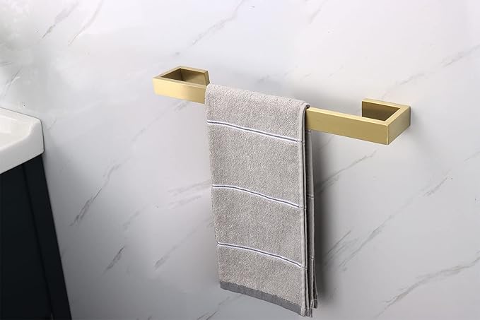 TocTen Bath Towel Rack - Square Base Thicken SUS304 Stainless Steel Towel Bar for Bathroom, Bathroom Bar Accessories Towel Rod Heavy Duty Wall Mounted Towel Holder (Brushed Gold, 16 Inch)