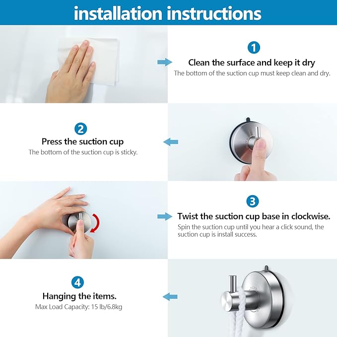 DGYB Suction Cup Hooks for Shower Brushed Nickel Bathroom Hooks Suction Set of 2 Removable Wall Hook for Hanging Towels, Robe, Loofah, Coats