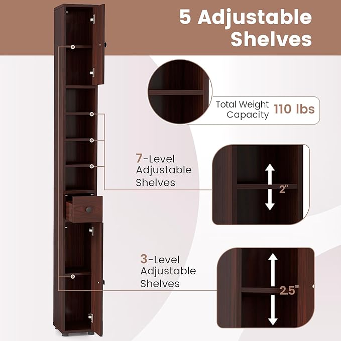 Tangkula Tall Slim Bathroom Storage Cabinet, 71" Freestanding Bathroom Cabinet w/ 2 Doors, 1 Drawer & 5 Adjustable Shelves, Floor Narrow Tower Cabinet for Small Spaces, 8" x 8" x 71" (Brown)
