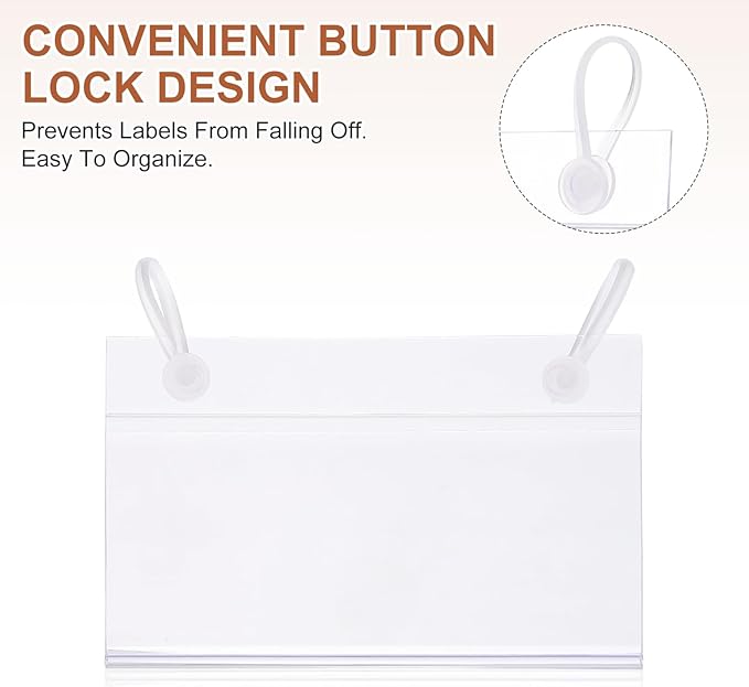 PATIKIL 3.5" x 2.2" Basket Labels Holders, 20 Pack Reusable Plastic Wire Shelf Label Holder Tag Display Clip with Button Lock with Paper Inserts Pens for Home Market Store, Clear
