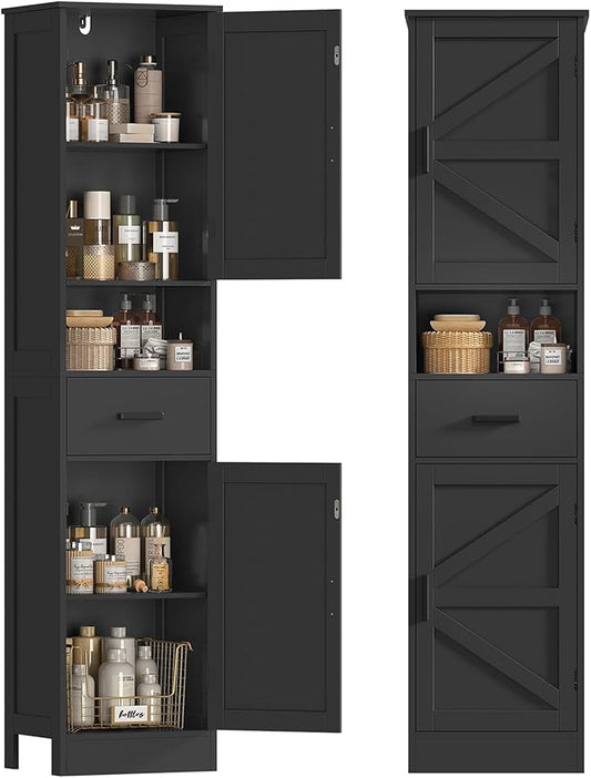 TEENFON Tall Bathroom Storage Cabinet with Barn Doors, Narrow Bathroom Cabinet with Drawer, Narrow Storage Unit, Adjustable Shelves, Floor Cabinets for Living Room, Entryway, Kitchen, Black