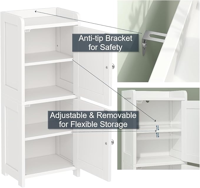 Small Bathroom Storage Cabinet, 30" Tall Freestanding Corner Floor Cabinet with 2 Doors & 5 Shelves (2 Adjustable), Narrow Toilet Paper Holder Organizer for Small Spaces, White