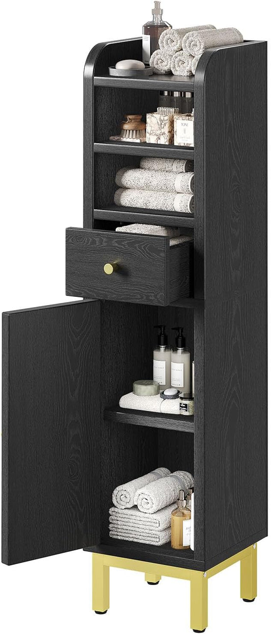 Small Bathroom Storage Cabinet, Bathroom Cabinet with Adjustable Shelves & Doors & Drawer, 7.87" x 7.87" x 32.4" Narrow Toilet Paper Cabinets for Small Spaces Organizer, Black