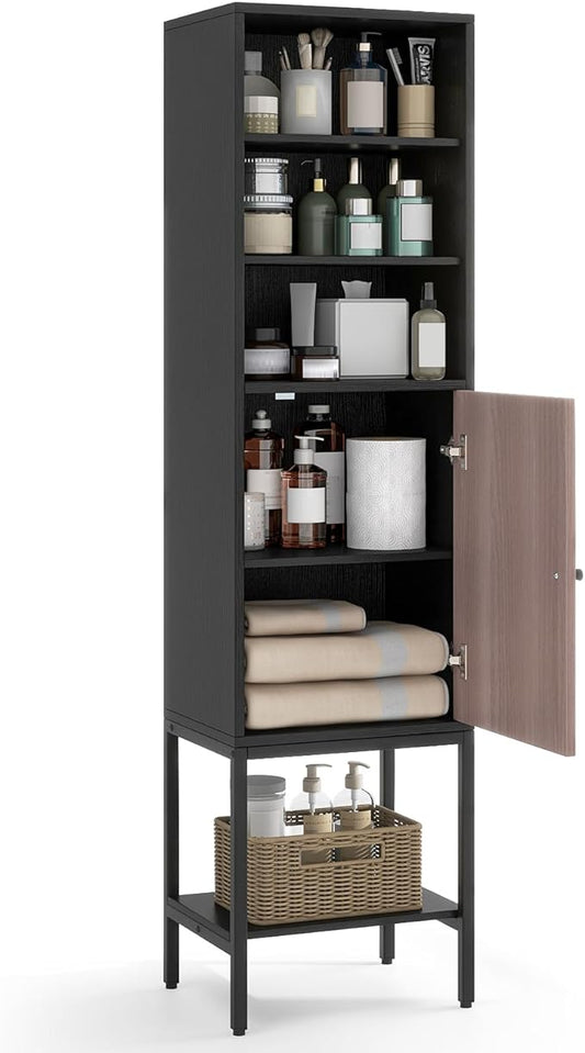 Tangkula Tall Bathroom Storage Cabinet with 1 Door and 4 Shelves, 57" H Narrow Floor Cabinet with Adjustable Shelves, Tall Slim Bathroom Cabinet for Living Room, Entryway, Kitchen (Black)