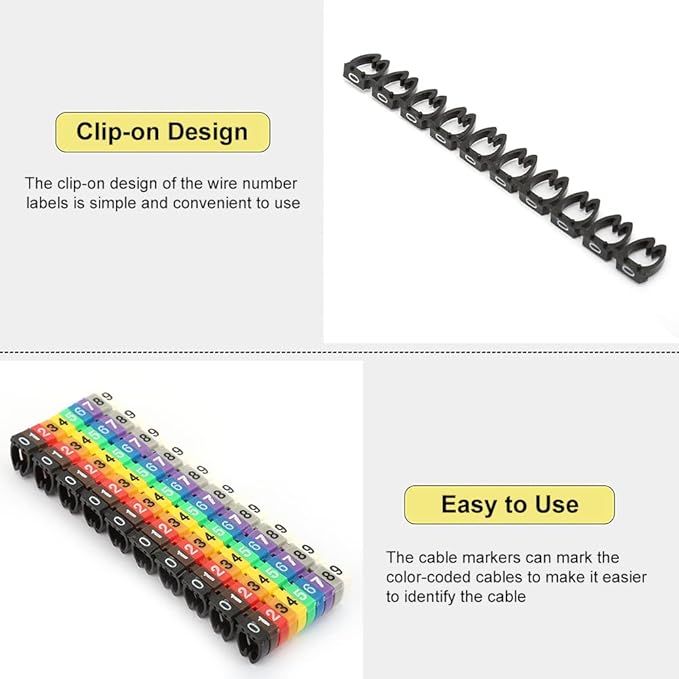Fafeicy Wire Markers, 100 PCS KCM-6MM 6 Square, Plastic Wire Number Labels for Marking Color Coded Cables