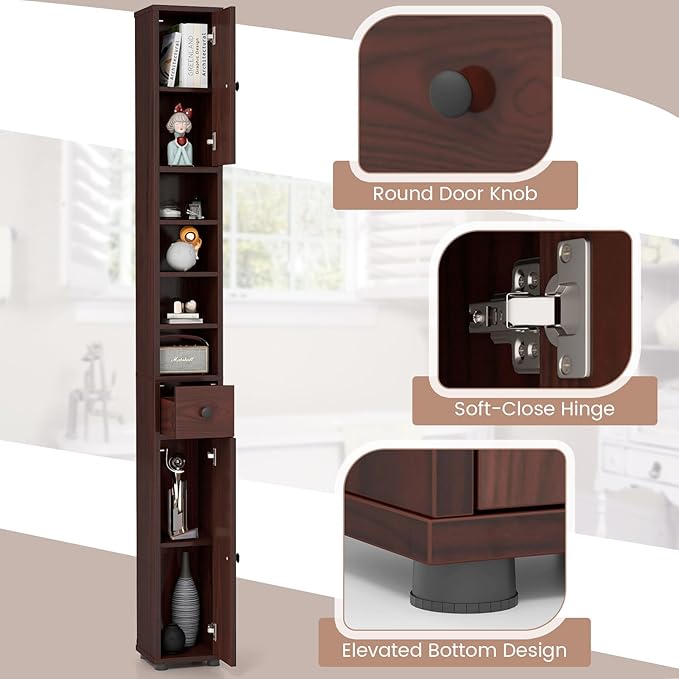 Tangkula Tall Slim Bathroom Storage Cabinet, 71" Freestanding Bathroom Cabinet w/ 2 Doors, 1 Drawer & 5 Adjustable Shelves, Floor Narrow Tower Cabinet for Small Spaces, 8" x 8" x 71" (Brown)