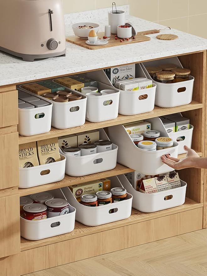 White Plastic Bins/Storage Organizers - Pantry Baskets, Bins for Shelves, Organizer and Storage for Bathroom, Bedrooms, Kitchens and More - Medium Size (9 Pack)