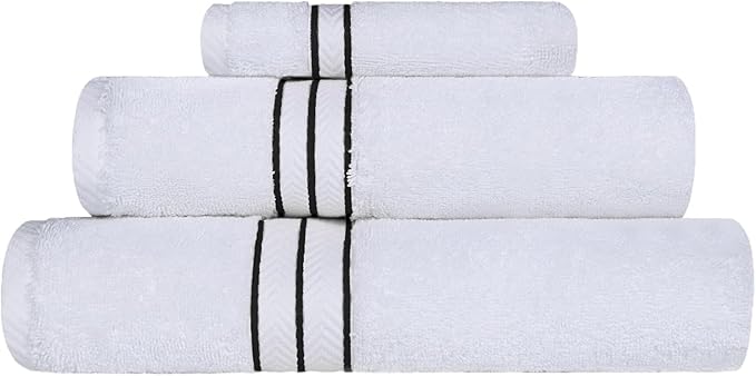 Superior Hotel Turkish Cotton 3 Piece Towel Set, Ultra Plush Spa Quality Heavyweight Essentials for Bathroom, Thick Absorbent and Soft, Dobby Border, Includes 1 Bath 1 Hand 1 Washcloth, Black