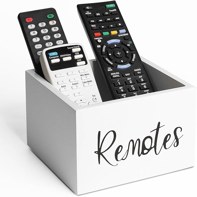 Wood Remote Control Holder, TV Remote Control Organizer for Home Bedroom Table, Multi-Purpose Desktop Storage (White, M,for 3+ Remote Controls)