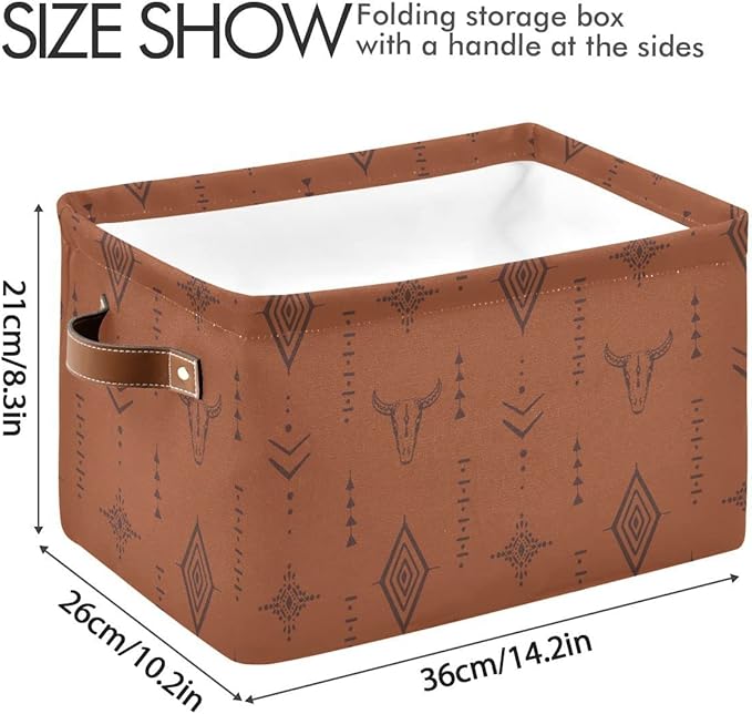 Western Bull Boho Rectangle Storage Basket Collapsible Storage Bin for Nursery Books Waterproof Baskets for Closet Shelves Bedroom Decor, 1 Pack
