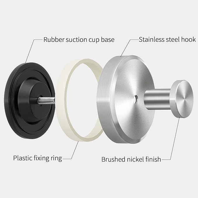 Suction Cup Hooks for Shower, Bathroom, Hanging Towels, Loofah, Robe, Mounting on Shower Glass Doors, Tile, Mirrors, Brushed Nickel, Rubber Suction Cup, 4-Pack