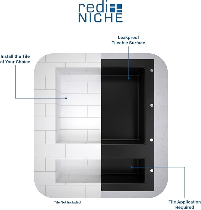 Tile Redi USA Niche Double Recessed Shower Shelf – Black, Two Inner Shelves with Divider, 16-Inch Width x 20-Inch Height x 4-Inch Depth (RN1620D-BI)