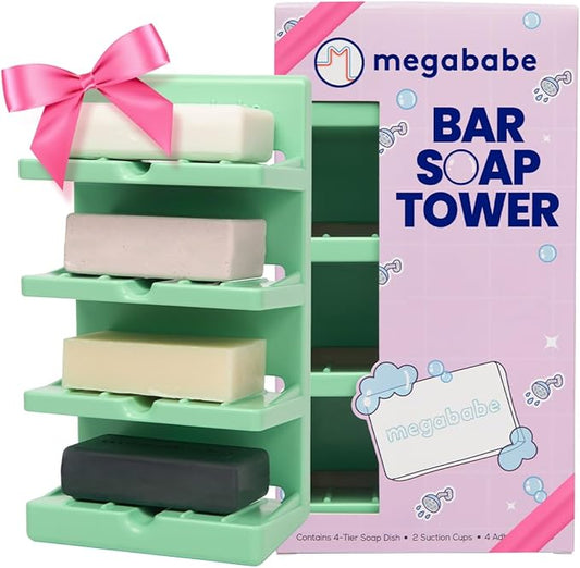 Megababe 4-Tier Bar Soap Tower | Stocking Stuffer Holds 4 Bars | Suctions or Sticks | Self-Draining