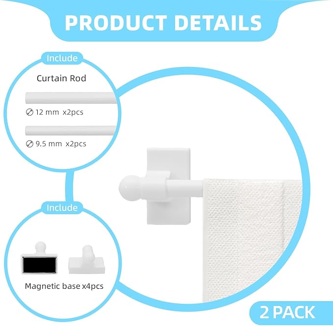 WL.Rocaille Magnetic Curtain Rods Adjustable Magnetic Rod for Metal Appliance, Doors, Windows, 16 to 28 Inch/2 Pack/Easy Installation Toilet Towel Bar, Multi-Useful (White, 2pack)