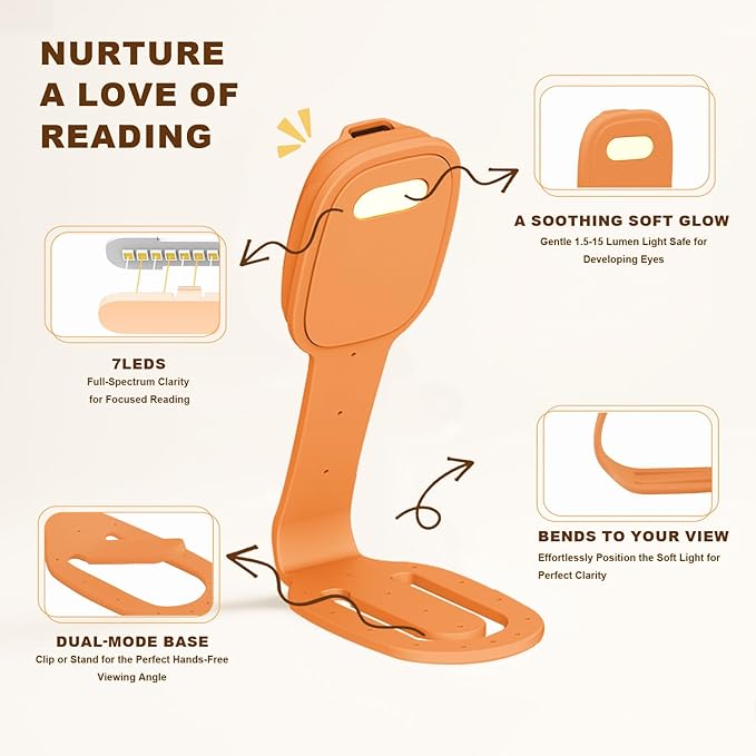 Rechargeable Kids Book Light, Cute Bookmark Reading Light for Kids, Dimmable Portable LED Book Light for Reading in Bed, Eye-Caring Bedtime Reading Lamp for Children & Travel, Orange