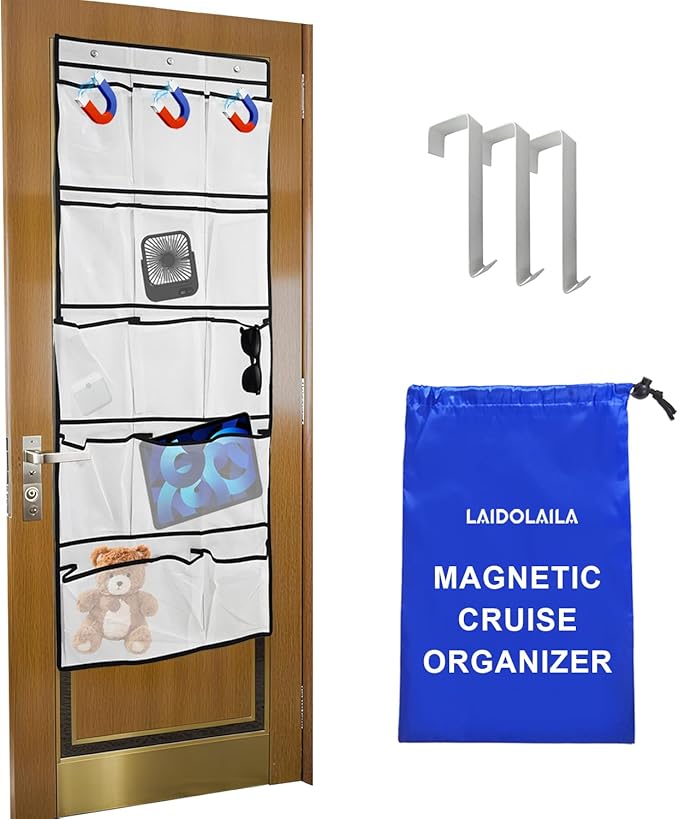 Magnetic Cruise Door Organizer – 13-Pocket Hanging Storage with 2 Large Shoe Pockets, No Hook Needed, Includes 3 Bonus Hooks, 2025 Cruise Ship Essentials for Cabin, Bathroom, or Closet Use
