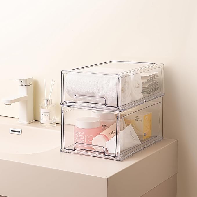 PeJeyiee 6 Pack Stackable Pull-Out Storage Drawers，Plastic Clear Organizer Bins with Handles，Easily Clean for Craft, and Toy Organization，Kitchen Undersink，Cabinet，Fridge，Closet，Pantry，Office，Bathroom