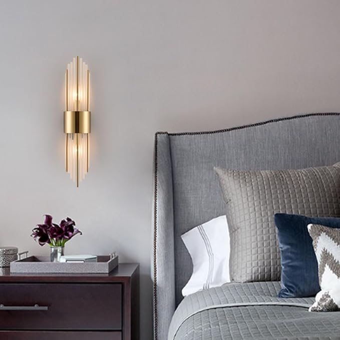 2-Light Modern Crystal Wall Sconces Titanium Gold Vanity Wall Light with Frosted Glass Luxury Set of 2 Wall Light Fixtures for Bedroom Living Room Dining Room Vanity Mirror Light