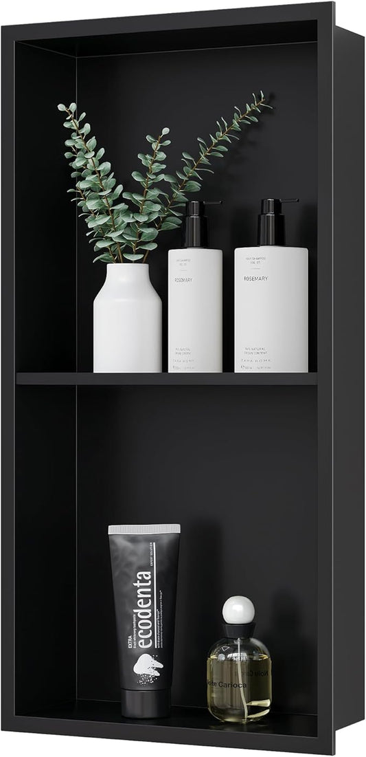Stainless Steel Shower Niche 24" X 12", No Tile Needed Wall Niche Double Shelves, Recessed Shower Shelf for Bathroom Storage, Matte Black