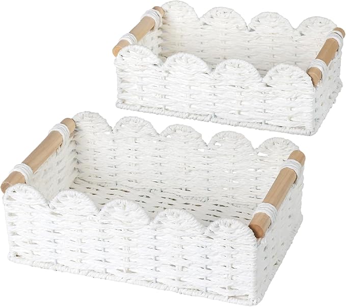 2 Pack Scalloped Wicker Basket Paper Rope Storage Baskets with Wooden Handles Hand-Woven Organizer Bin Wicker Storage Baskets for Organizing, Home Decor (White)