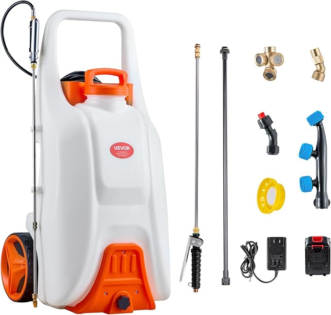 13.1 Gallon Battery Powered Sprayer with Wheels, Adjustable 0-80 PSI, 5 Nozzles and 98ft Hose Included, Orange