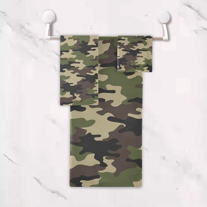 3 Piece Military Camouflage Bath Towel Set,Microfiber Decorative Green Black Army Camo Hunting Themed Bathroom Towels,1 Bath Towel 1 Hand Towel for Bathroom Kitchen,1 Washcloth for Face