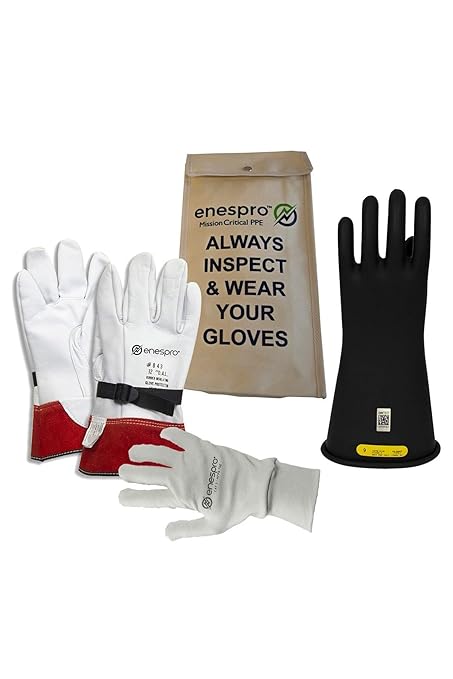 Enespro Class 2 Black Rubber Voltage Insulating Glove Premium Kit with FR Knit Glove and Leather Protectors, Max. Use Voltage 17,000V AC/ 25,500V DC, KITGC2B09AG