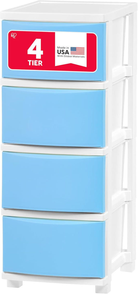IRIS USA Plastic Drawer Storage Organizer, 4-Drawers, for Classroom Art Supplies Bathroom Dorm Bedroom Laundry Room, Slim Narrow, White Frame with Matte Blue Front Panels
