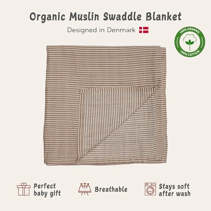 Baby Swaddle – Organic Cotton Muslin Baby Swaddles for Newborns 47” x 47” (Natural Stripe)
