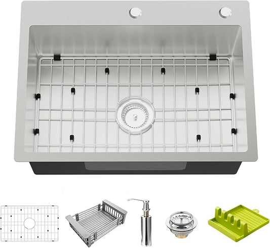 Kitchen And Bar Sink, 25x18 Inch Stainless Steel Drop In Kitchen Sink Modern Single Bowl Topmount Bar Sink Combo-SS Grid,Spoon Rest,Drain Strainer Set Compatibility With Various Kitchen & Bar Style