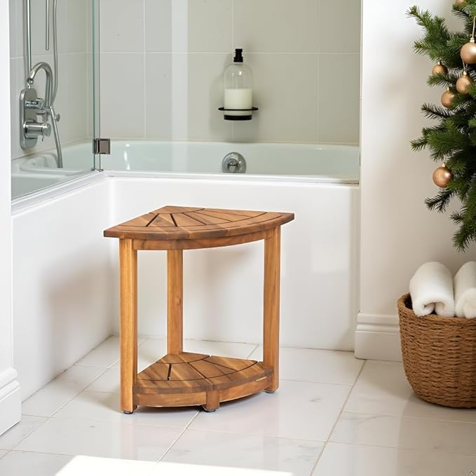 Acacia Corner Shower Stool, Waterproof Spa Foot Rest & Bath Bench with Storage Shelf & Soap Dish, Ideal for Bathroom, Shaving Legs, or as Small Corner Table/Step Stool (Natural)