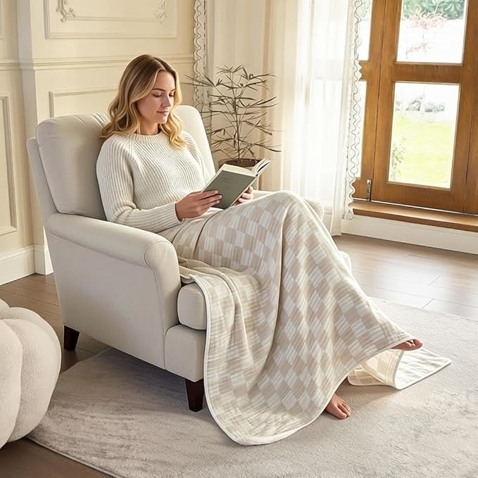 SANACYNA 100% Cotton Muslin Blanket 6-Layer Gauze Cream Grid Cooling Blanket Lightweight Soft and Breathable Blanket for Sofa Couch Bed Coverlet Both Sides (Cream, Throw 50"x60")