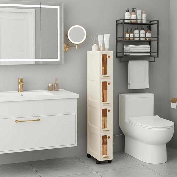 Weysat Narrow Bathroom Storage Cabinet with Wheels Slim Storage Organizer with Transparent Doors and Shelves for Small Space, Bathroom, Bedroom, Kitchen(4 Tiers)